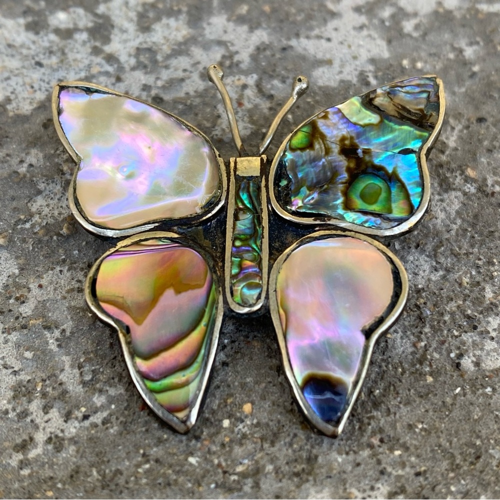 Abalone Shell & Silver Butterfly Brooch